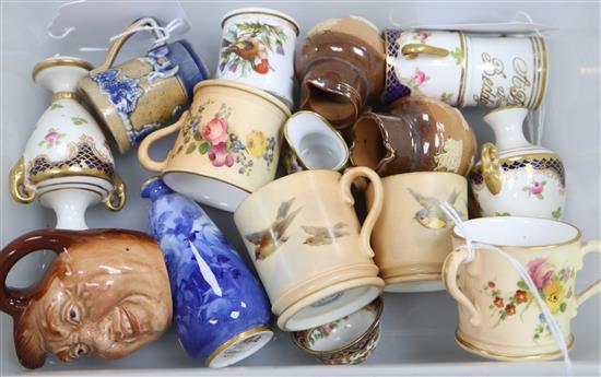A collection of miniature ceramics, including four Royal Worcester blush ivory mugs and a tyg,